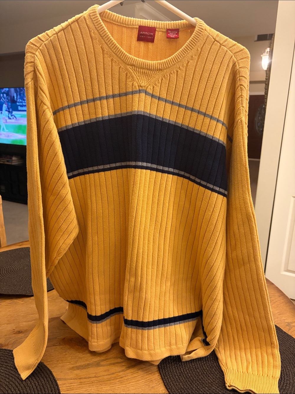 Arrow Men’s Mustard Yellow Crewneck Sweater with Navy Stripe